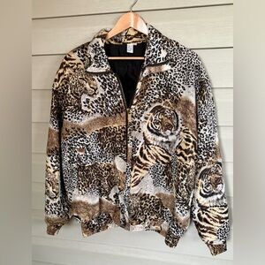 Vintage CoAco silk bomber jacket tiger leopard animal print full zip glam party